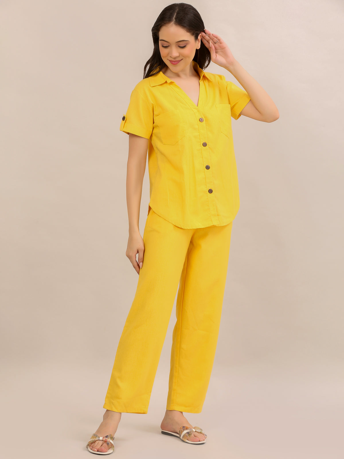 Sunshine Yellow Button-Down Shirt and Trouser Co-ord Set