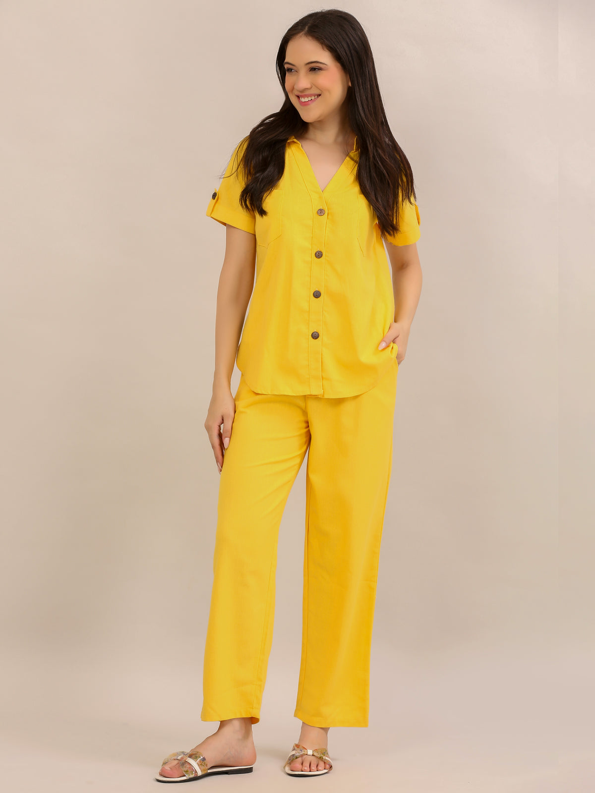 Sunshine Yellow Button-Down Shirt and Trouser Co-ord Set