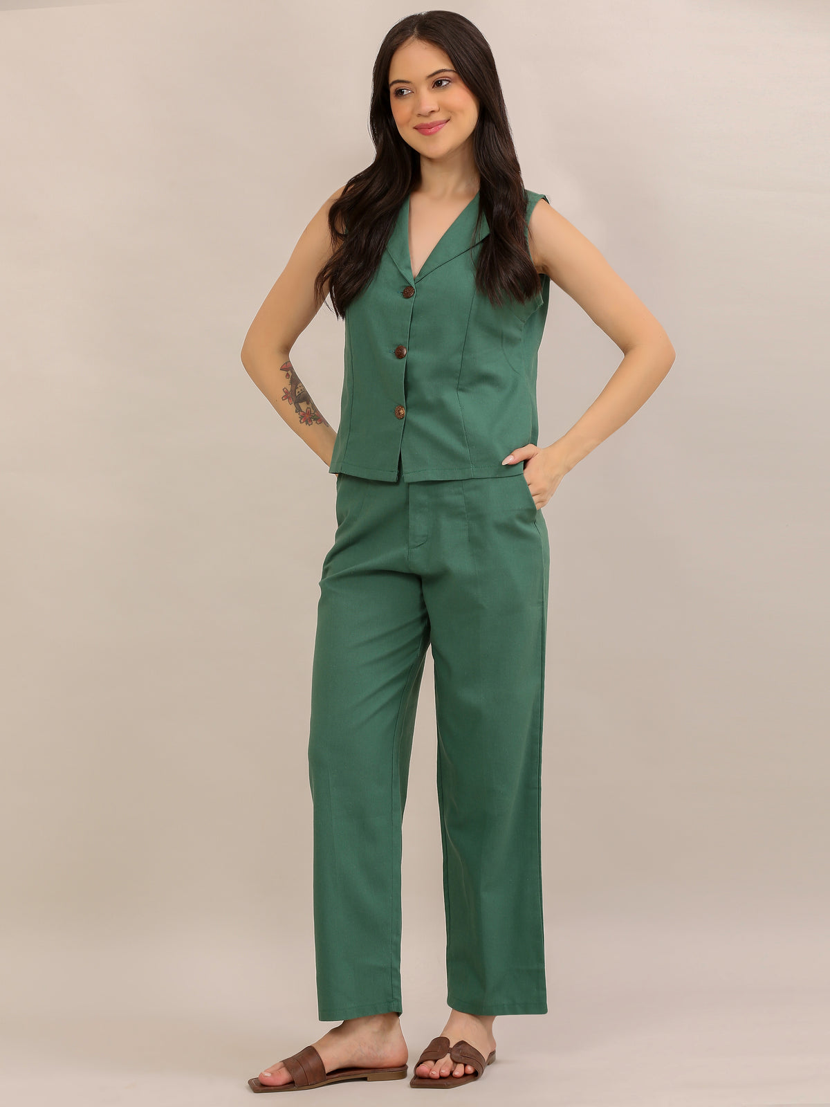 Emerald Green Sleeveless Waistcoat Co-ord Set
