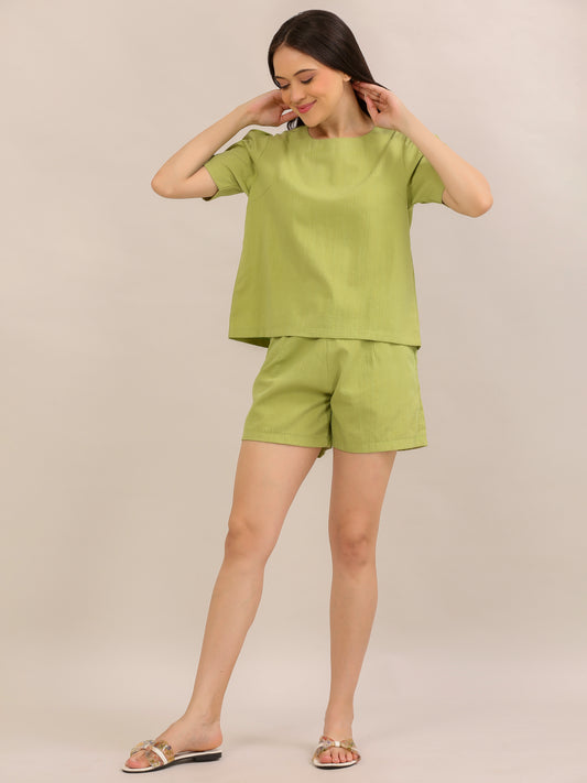 Olive Green Relaxed Top and Shorts Co-ord Set