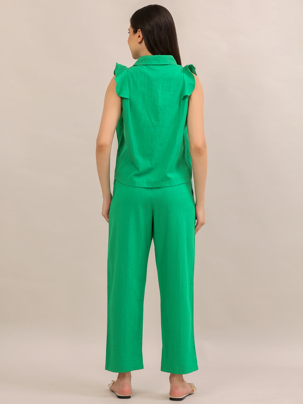 Emerald Green Ruffle-Sleeve Shirt Co-ord Set