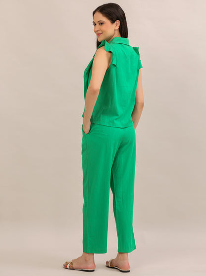 Emerald Green Ruffle-Sleeve Shirt Co-ord Set