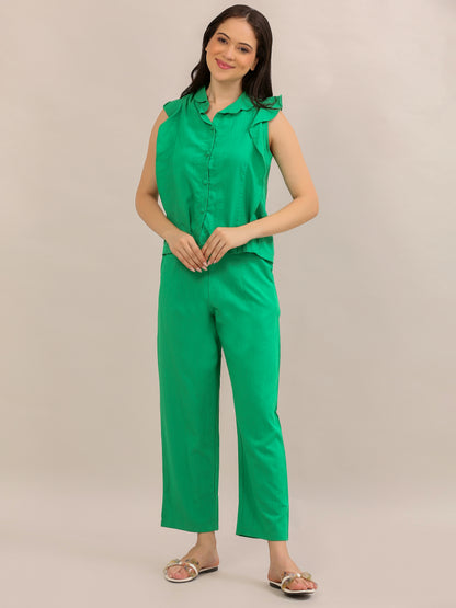 Emerald Green Ruffle-Sleeve Shirt Co-ord Set