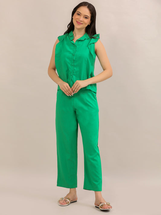 Emerald Green Ruffle-Sleeve Shirt Co-ord Set