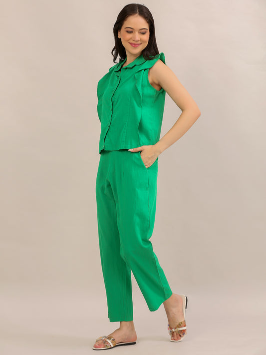 Emerald Green Ruffle-Sleeve Shirt Co-ord Set
