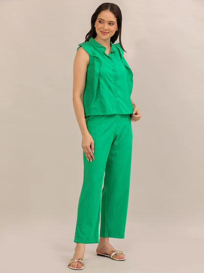 Emerald Green Ruffle-Sleeve Shirt Co-ord Set
