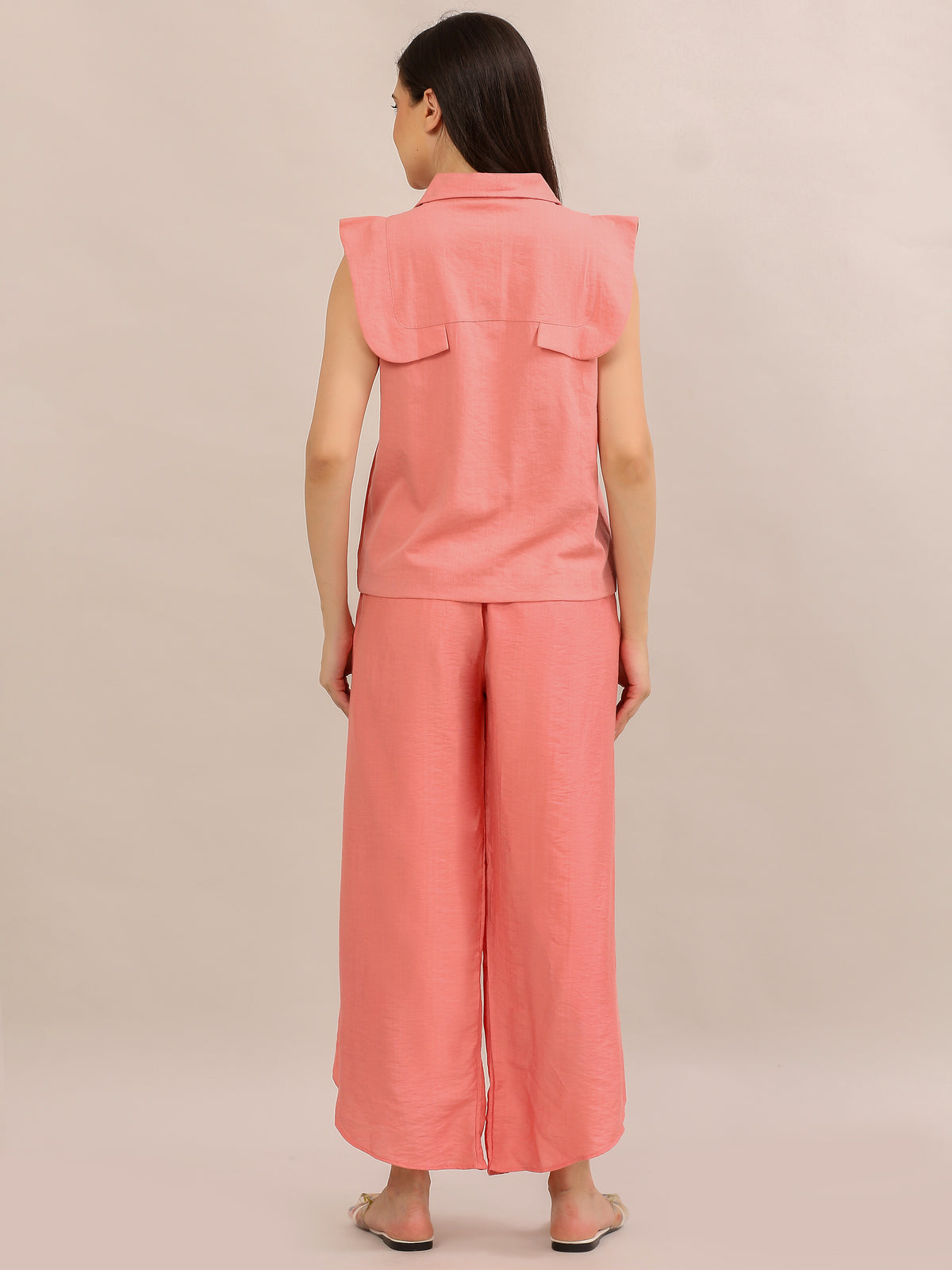Coral Pink Ruffle-Sleeve Top and Tulip-Pant Co-ord Set