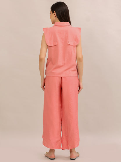 Coral Pink Ruffle-Sleeve Top and Tulip-Pant Co-ord Set