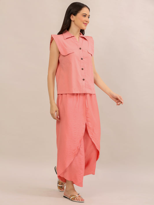 Coral Pink Ruffle-Sleeve Top and Tulip-Pant Co-ord Set