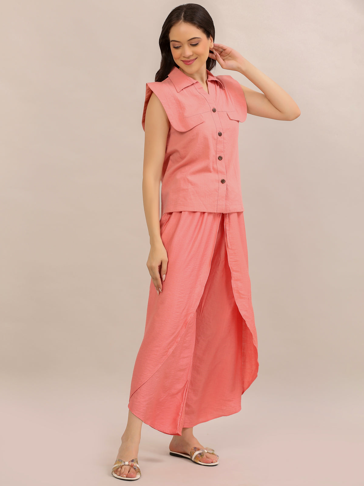 Coral Pink Ruffle-Sleeve Top and Tulip-Pant Co-ord Set