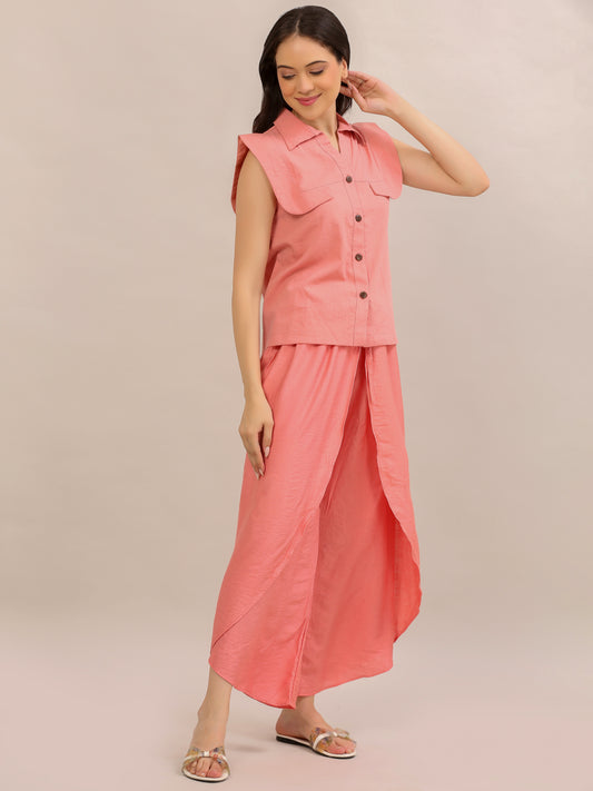 Coral Pink Ruffle-Sleeve Top and Tulip-Pant Co-ord Set