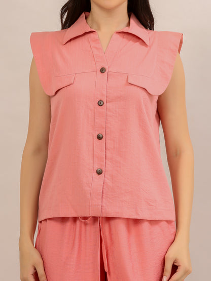 Coral Pink Ruffle-Sleeve Top and Tulip-Pant Co-ord Set