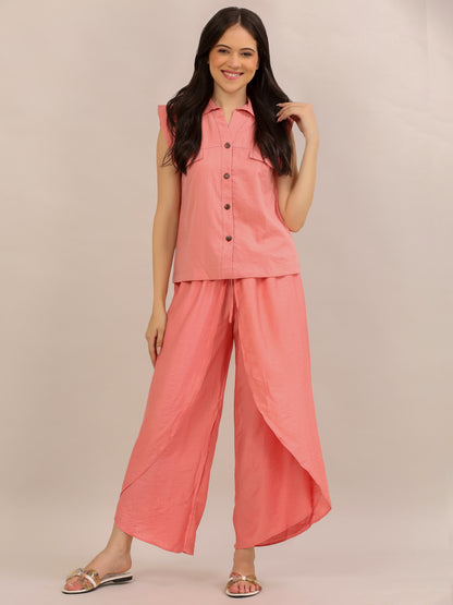 Coral Pink Ruffle-Sleeve Top and Tulip-Pant Co-ord Set