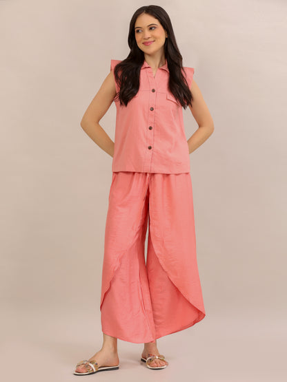 Coral Pink Ruffle-Sleeve Top and Tulip-Pant Co-ord Set