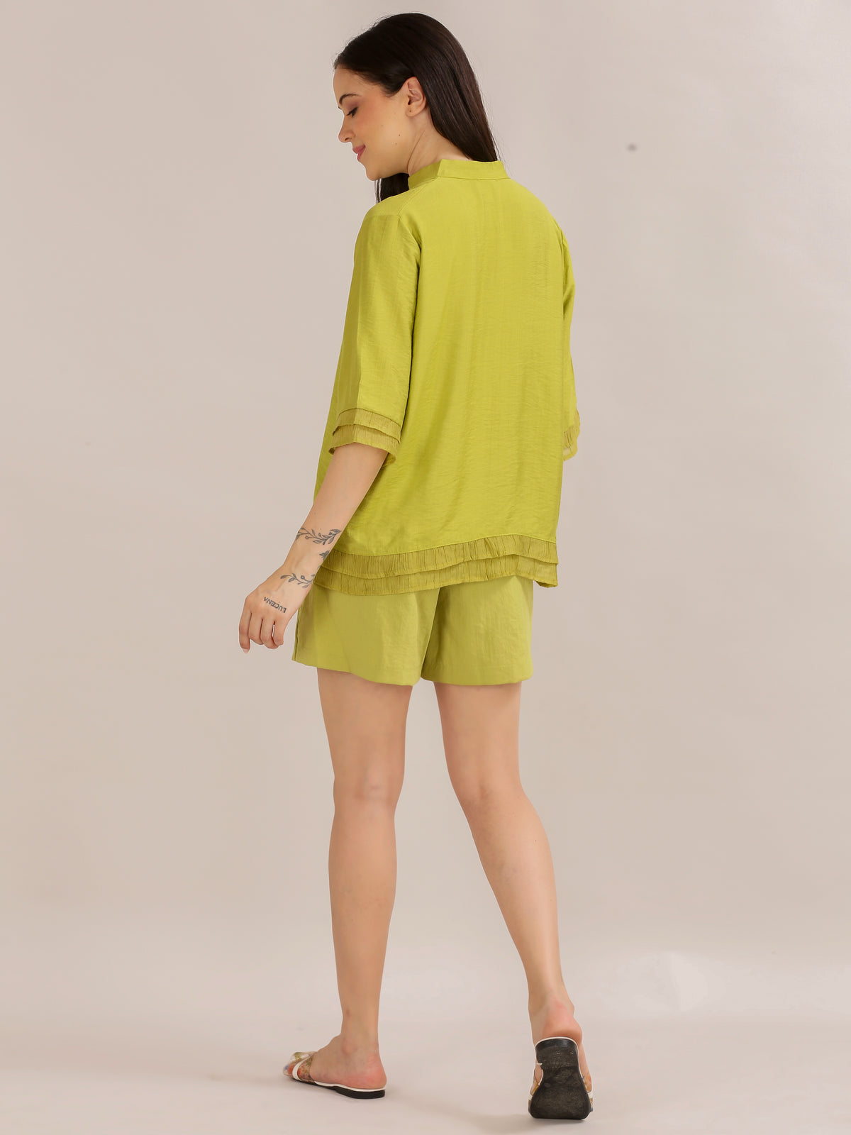 Lime Green Floral Embroidered Shirt and Shorts Co-ord Set