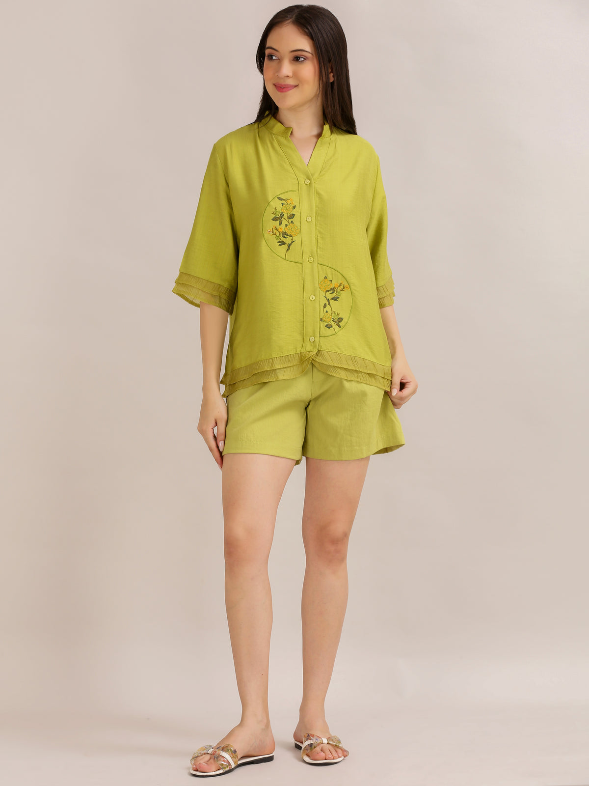 Lime Green Floral Embroidered Shirt and Shorts Co-ord Set