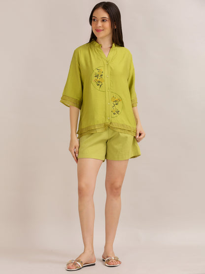 Lime Green Floral Embroidered Shirt and Shorts Co-ord Set
