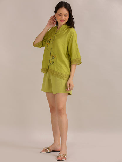Lime Green Floral Embroidered Shirt and Shorts Co-ord Set