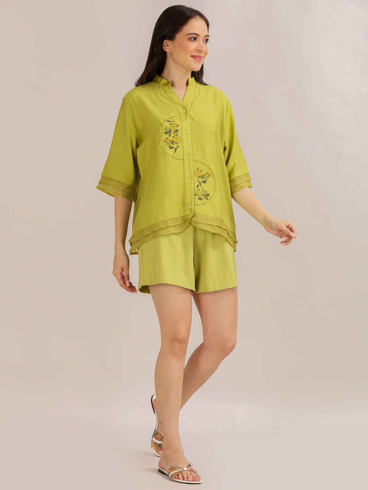 Lime Green Floral Embroidered Shirt and Shorts Co-ord Set