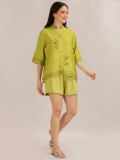 Lime Green Floral Embroidered Shirt and Shorts Co-ord Set