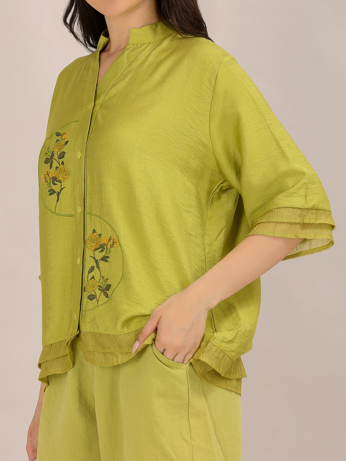 Lime Green Floral Embroidered Shirt and Shorts Co-ord Set