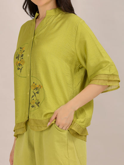 Lime Green Floral Embroidered Shirt and Shorts Co-ord Set