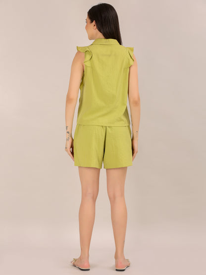 Lime Green Ruffle-Sleeve Shirt and Shorts Co-ord Set