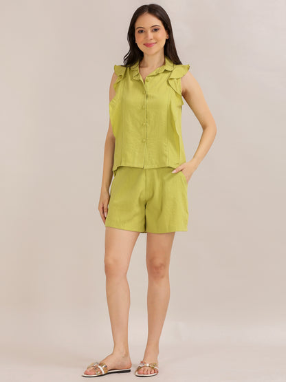 Lime Green Ruffle-Sleeve Shirt and Shorts Co-ord Set