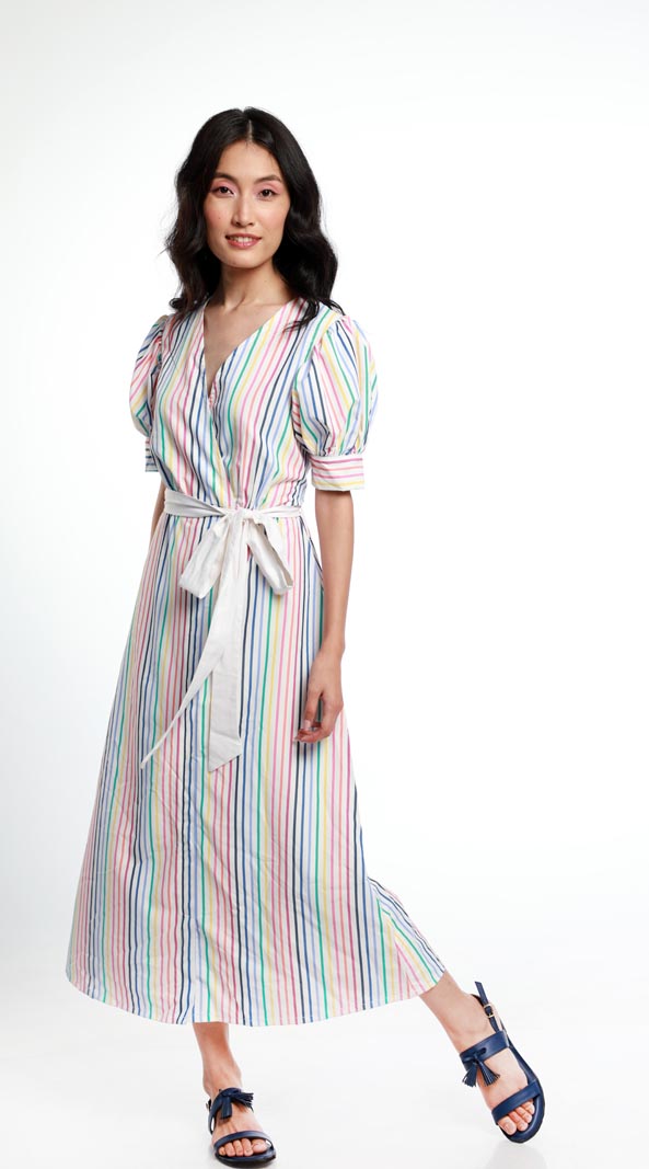 STRIPE OVERLAP TIE AROUND DRESS. MADE IN COTTON POPLIN