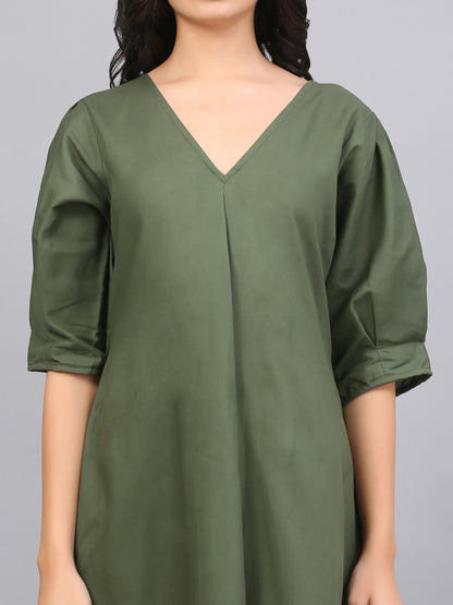 OLIVE GREEN BOX PLEAT DRESS