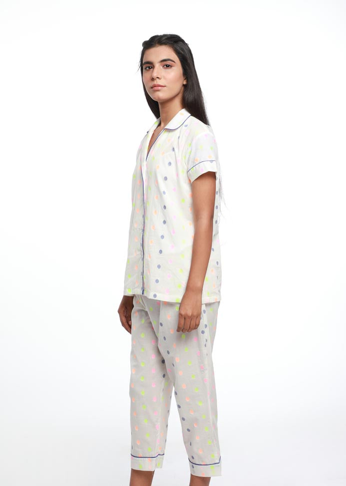 COLLAR BUTTON DOWN NEON POLKA NIGHT SUIT MADE IN COTTON