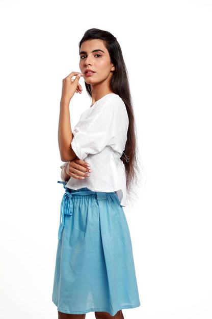 ELASTICATED WAIST POWDER BLUE LINEN SKIRT