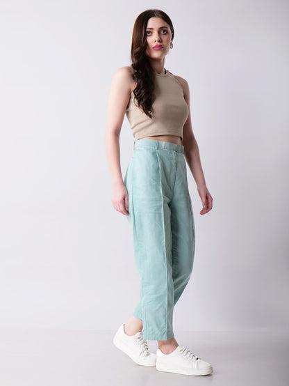Teal Cropped Pants with Box Pleats