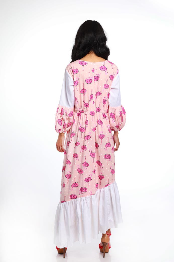 FLAMINGO PRINT TIER WHITE PANEL DRESS