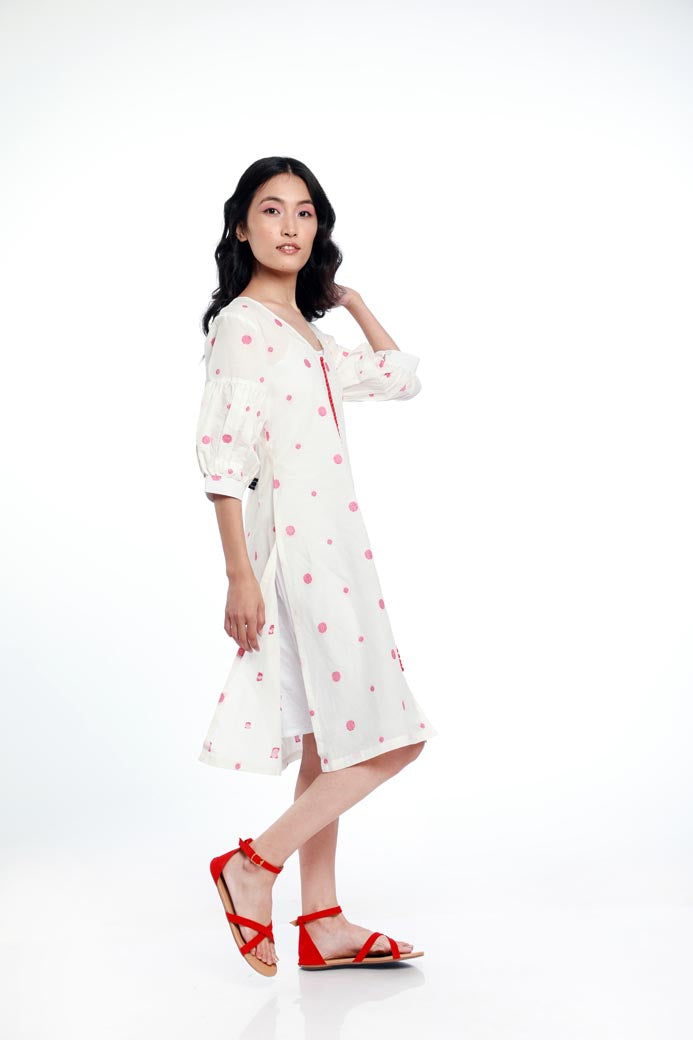 POLKA DOT HAND WOVEN COTTON, PUFFER SLEEVES DRESS