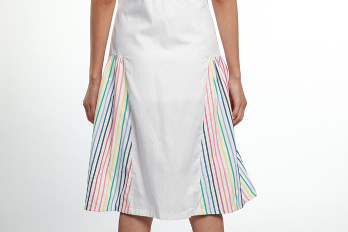 SLEEVELESS BUTTON DOWN COTTON DRESS WITH STRIPE PANEL