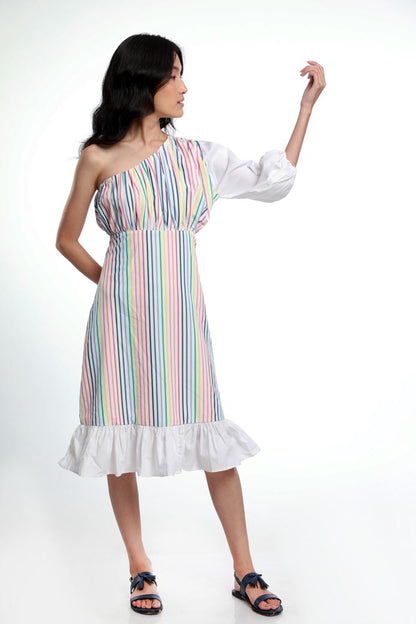 ONE SHOULDER RUFFLE HEM STRIPE DRESS