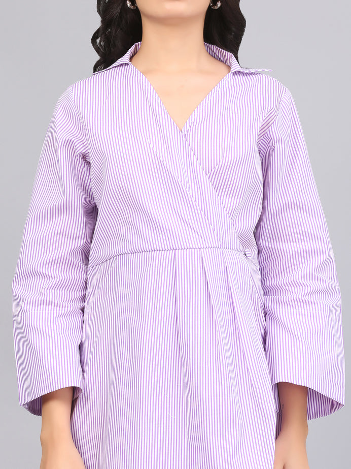 COLLARED OVERLAP STRIPE SHIFT DRESS