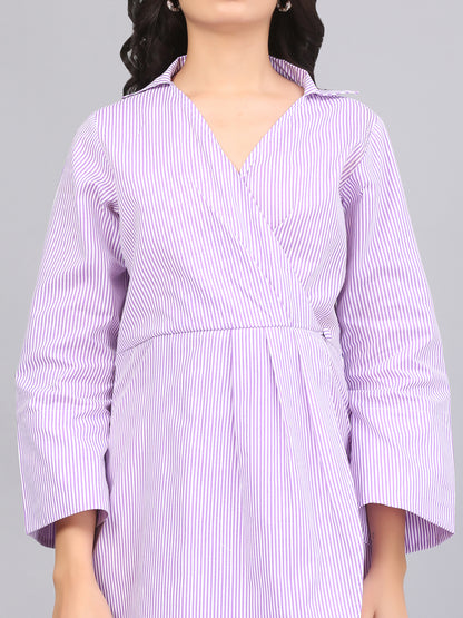 COLLARED OVERLAP STRIPE SHIFT DRESS