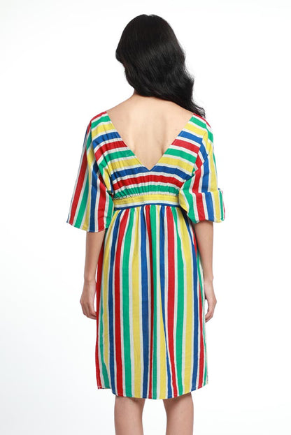 MULTI STRIPE CINCHED WAIST DROP SHOULDER DRESS