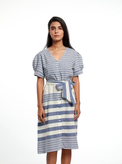 STRIPE BUTTON DOWN V-NECK DRESS. MADE IN SOFT ORGANIC COTTON