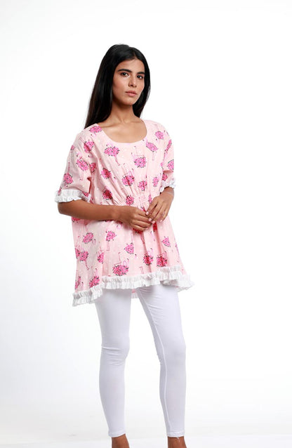 FLAMINGO CINCHED WAIST KAFTAN TOP. MADE IN COTTON