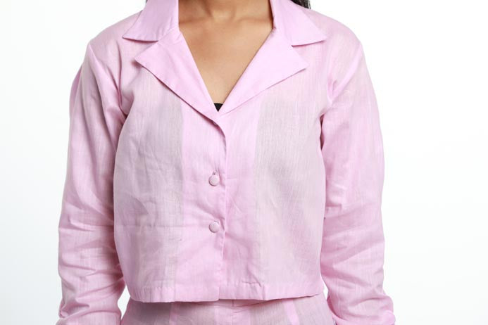 NOTCHED COLLAR, BUTTON DOWN TOP WITH PANTS. MADE IN 100% COTTON