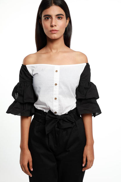 OFF THE SHOULDER BLACK & WHITE BLOUSON MADE IN SOFT ORGANIC COTTON