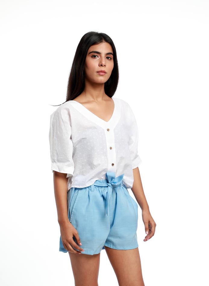 V NECK TEXTURED COTTON TOP WITH ELASTICATED SHORTS