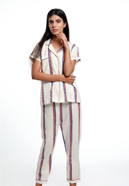 STRIPED COLLAR NIGHT SUIT IN COTTON