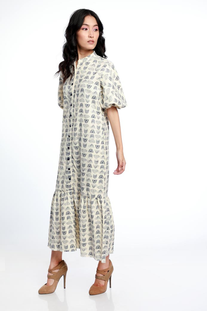 ENGLISH BREAKFAST, DUTTON DOWN DRESS WITH BALLOON SLEEVES & TIER PANEL