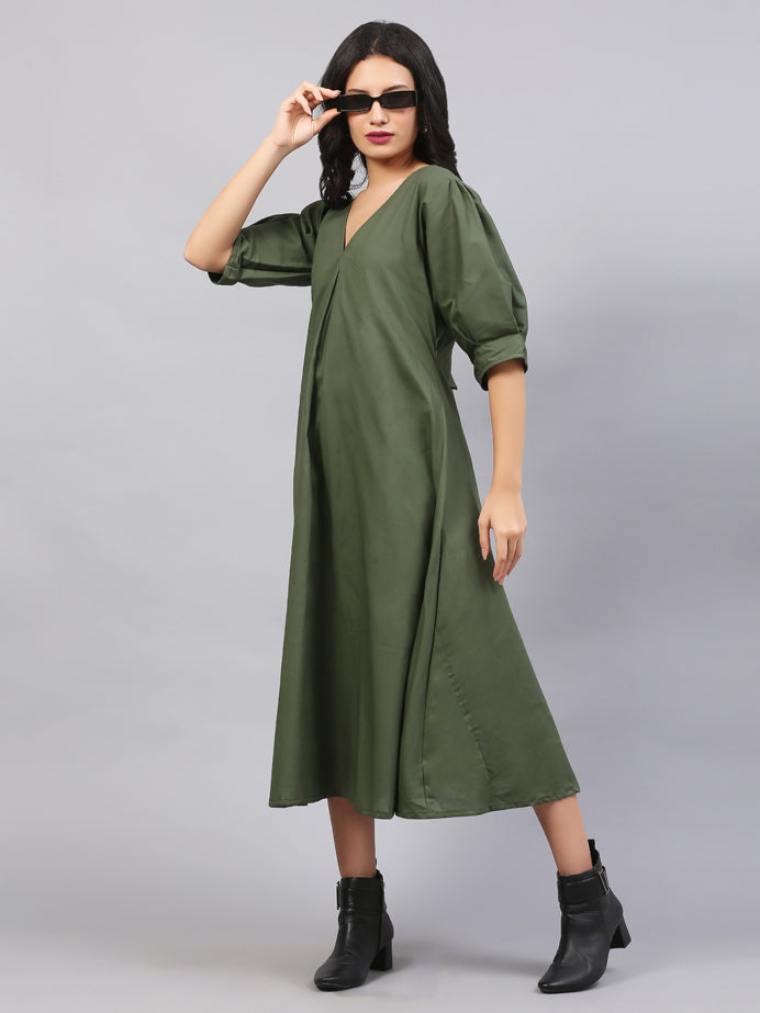 OLIVE GREEN BOX PLEAT DRESS