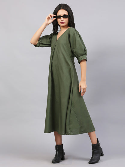 OLIVE GREEN BOX PLEAT DRESS