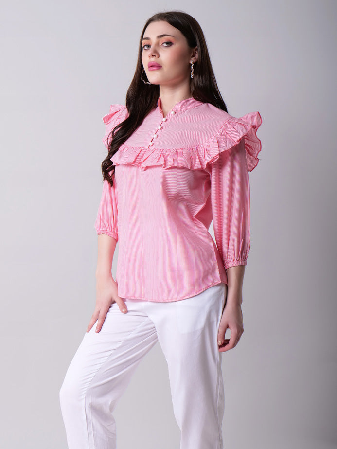 Ruffled Collar Striped top